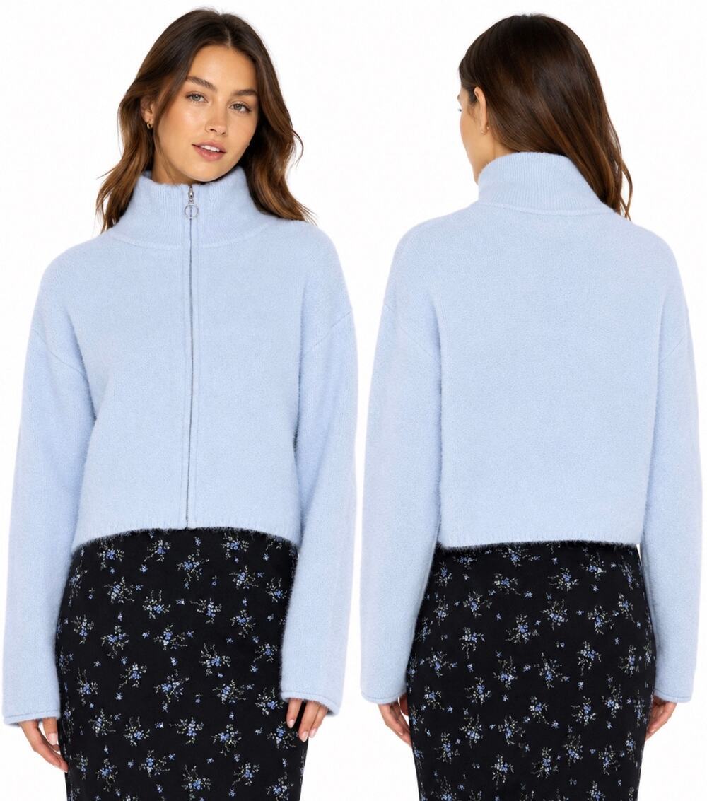 Wild Fable Light Blue Fuzzy Cropped Sweater Full Zip Closure Silver Pull XXS - Picture 1 of 13